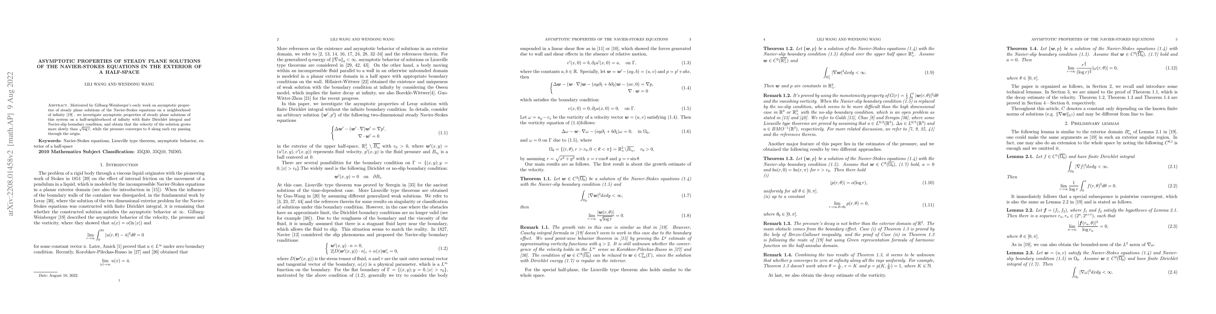 Thumbnail for Asymptotic properties of steady plane solutions of the Navier-Stokes
  equations in the exterior of a half-space