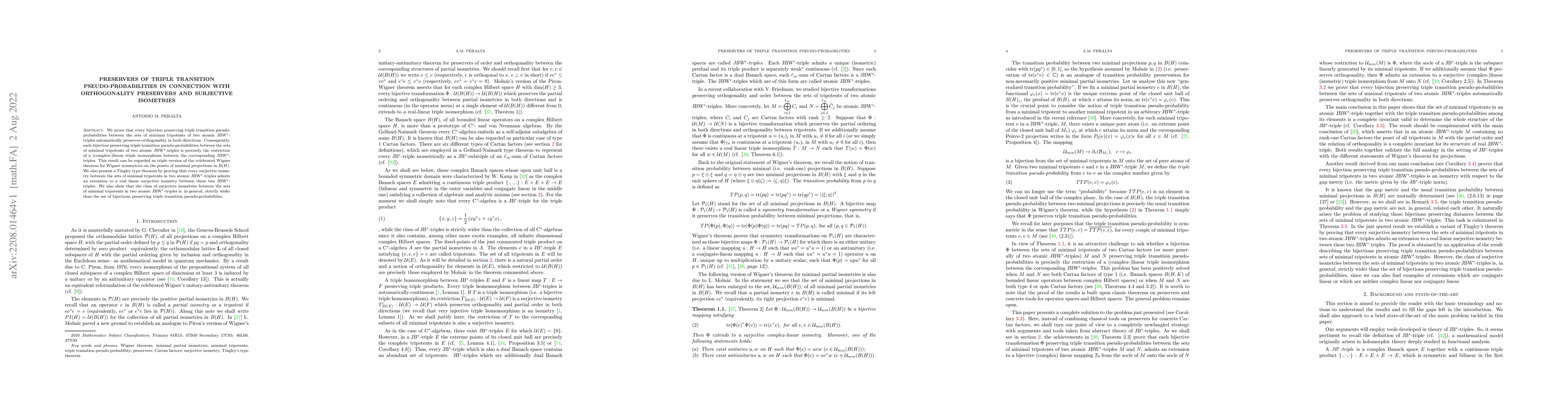 Thumbnail for Preservers of triple transition pseudo-probabilities in connection with
  orthogonality preservers and surjective isometries