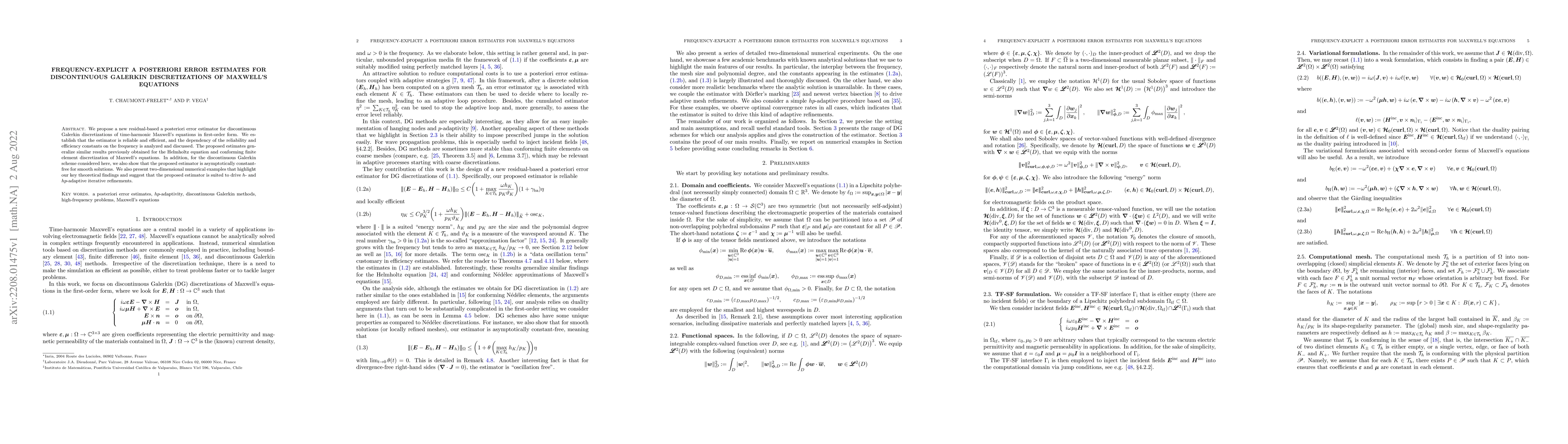 Thumbnail for Frequency-explicit a posteriori error estimates for discontinuous
  Galerkin discretizations of Maxwell's equations