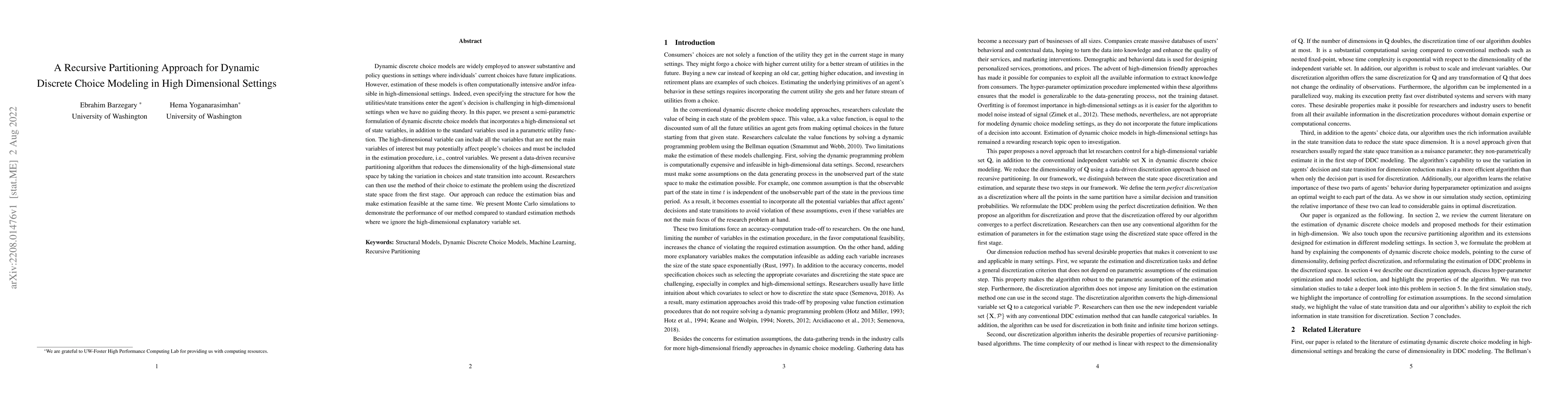 Thumbnail for A Recursive Partitioning Approach for Dynamic Discrete Choice Modeling
  in High Dimensional Settings