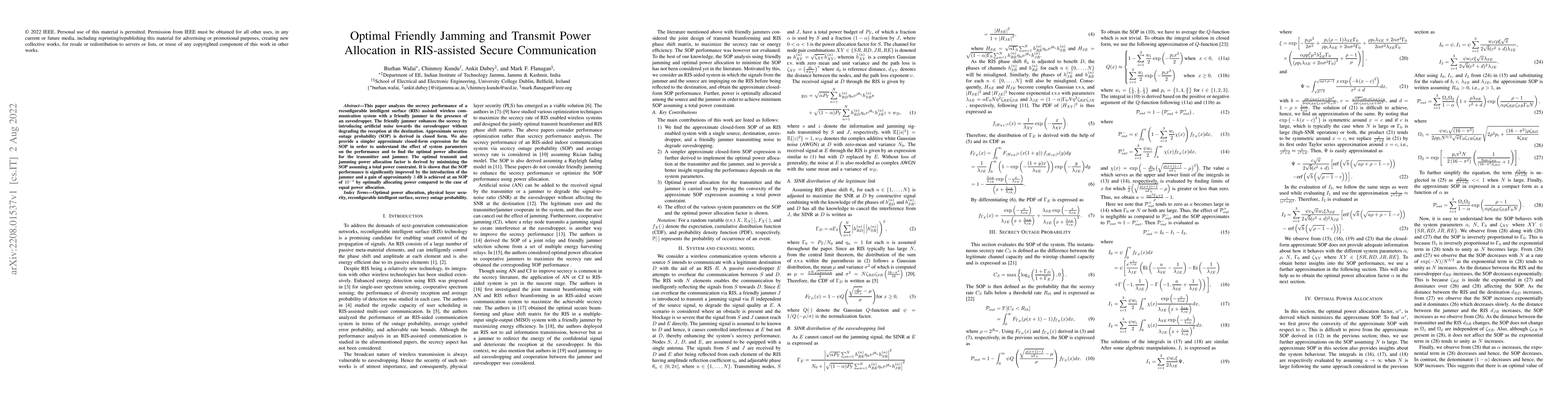 Thumbnail for Optimal Friendly Jamming and Transmit Power Allocation in RIS-assisted
  Secure Communication