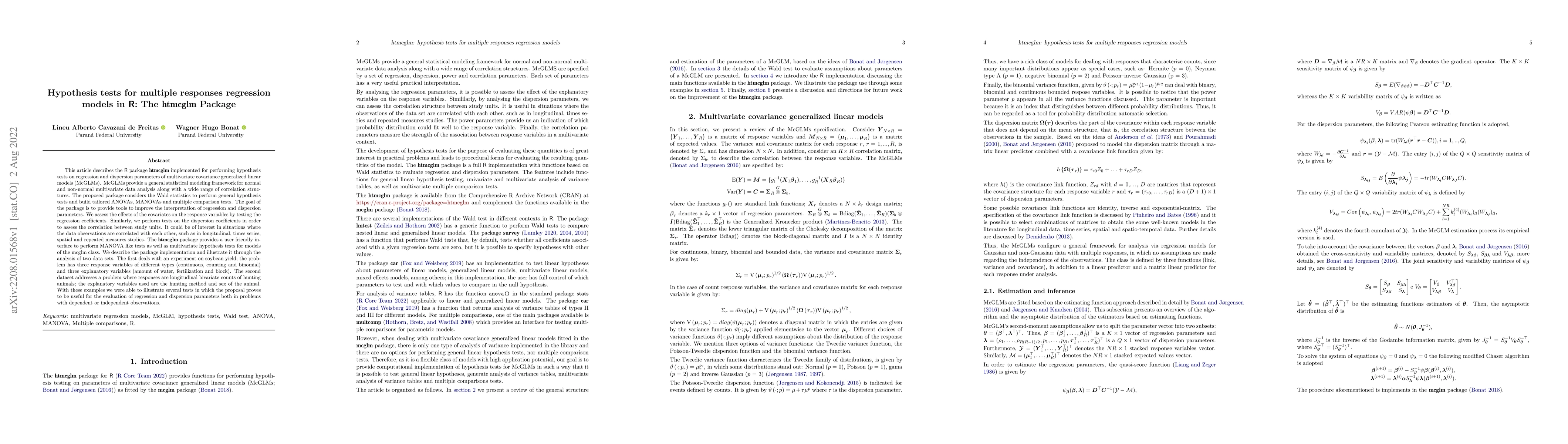 Thumbnail for Hypothesis tests for multiple responses regression models in R: The
  htmcglm Package