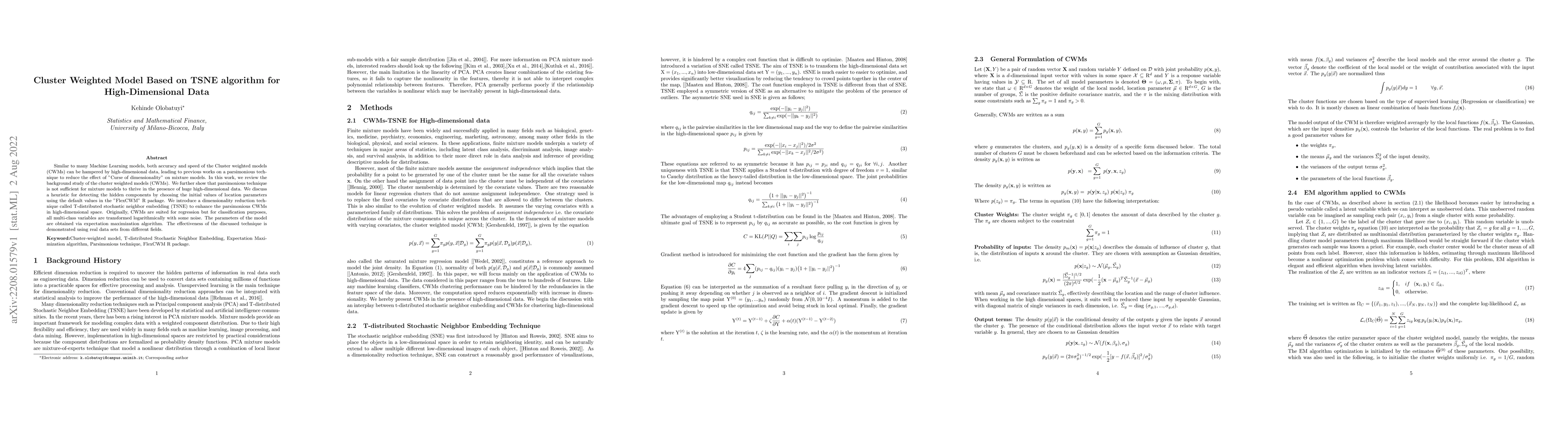 Thumbnail for Cluster Weighted Model Based on TSNE algorithm for High-Dimensional Data