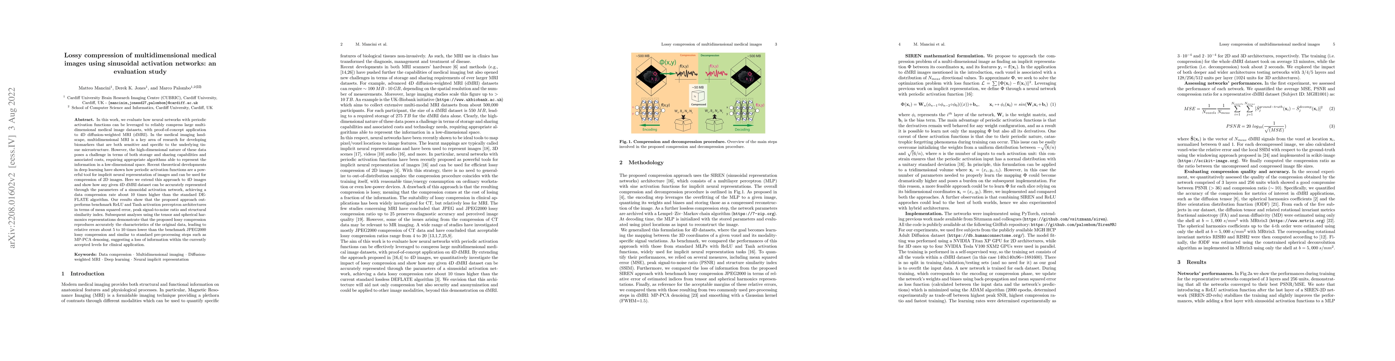 Thumbnail for Lossy compression of multidimensional medical images using sinusoidal
  activation networks: an evaluation study