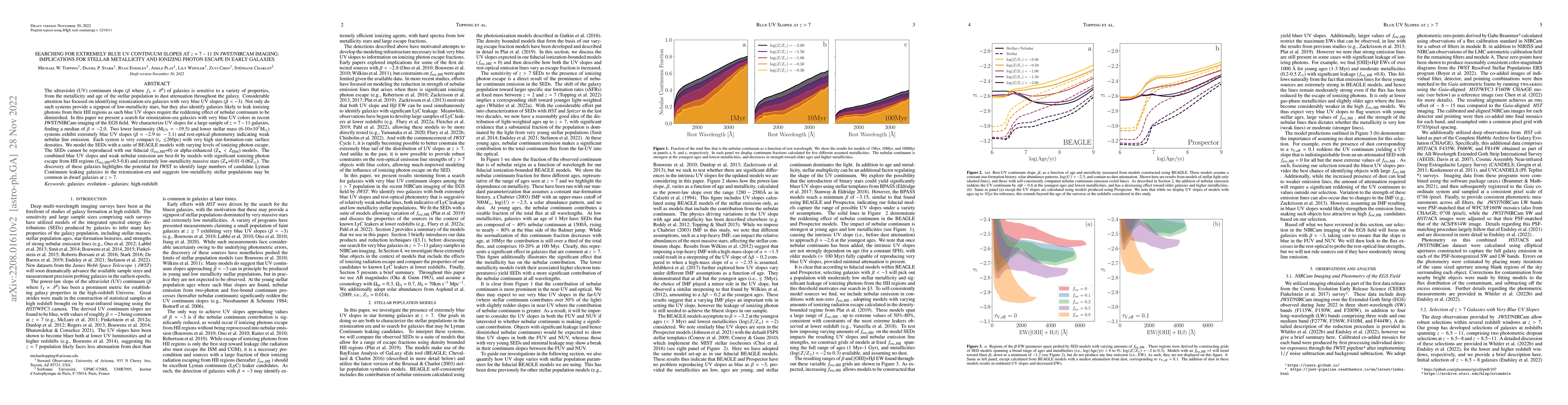 Thumbnail for Searching for Extremely Blue UV Continuum Slopes at $z=7-11$ in
  JWST/NIRCam Imaging: Implications for Stellar Metallicity and Ionizing Photon
  Escape in Early Galaxies
