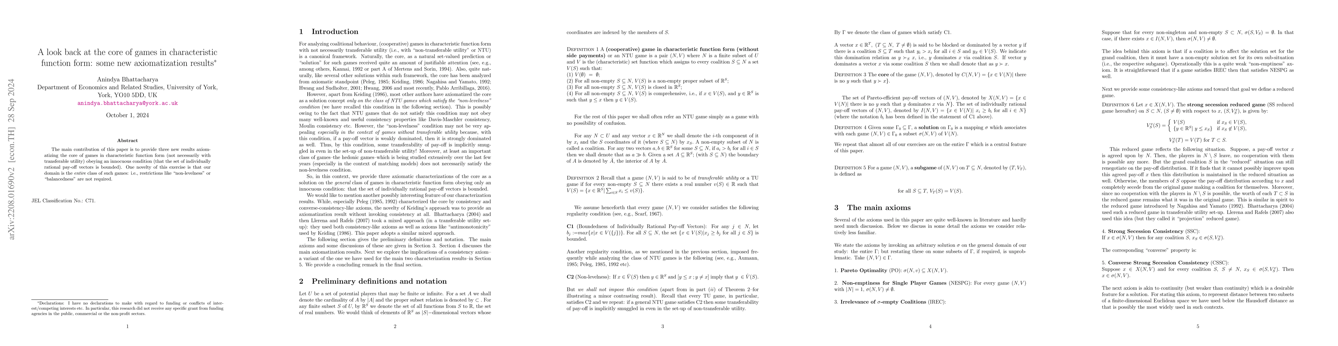 Thumbnail for A look back at the core of games in characteristic function form: some
  new axiomatization results