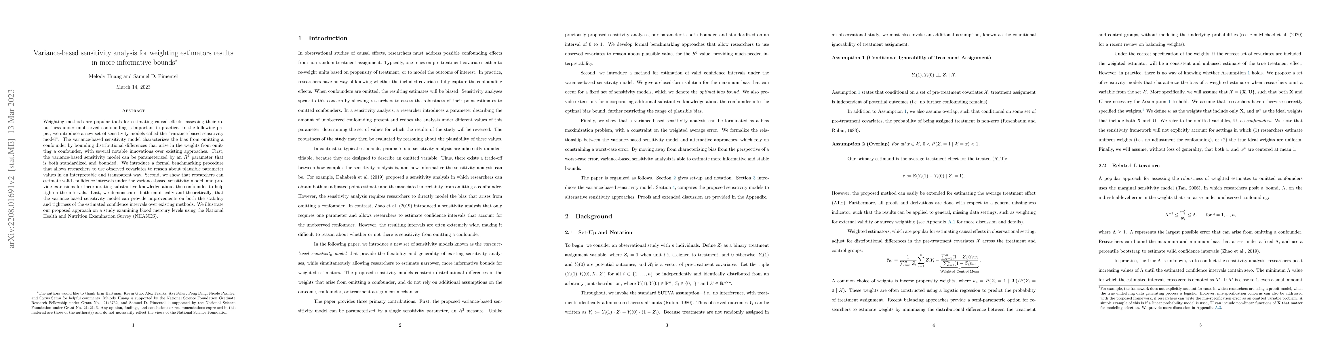 Thumbnail for Variance-based sensitivity analysis for weighting estimators result in
  more informative bounds