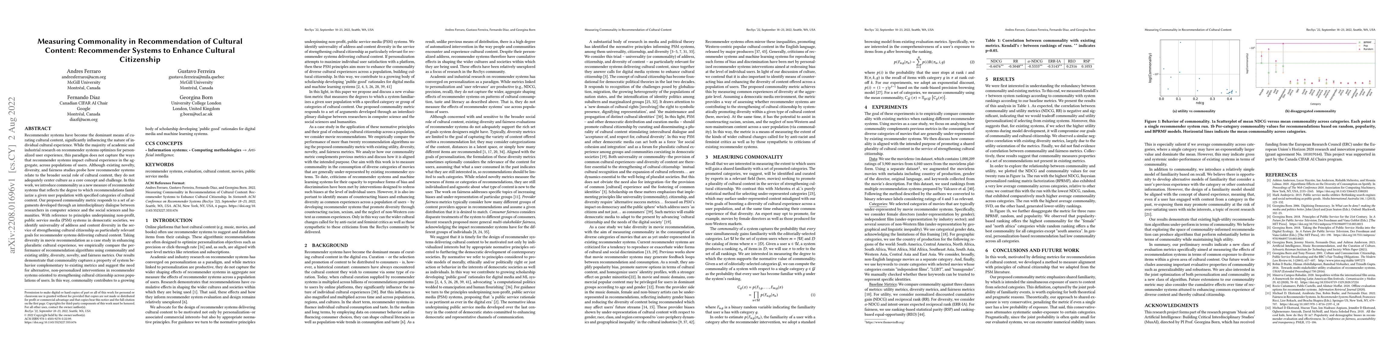 Thumbnail for Measuring Commonality in Recommendation of Cultural Content: Recommender
  Systems to Enhance Cultural Citizenship