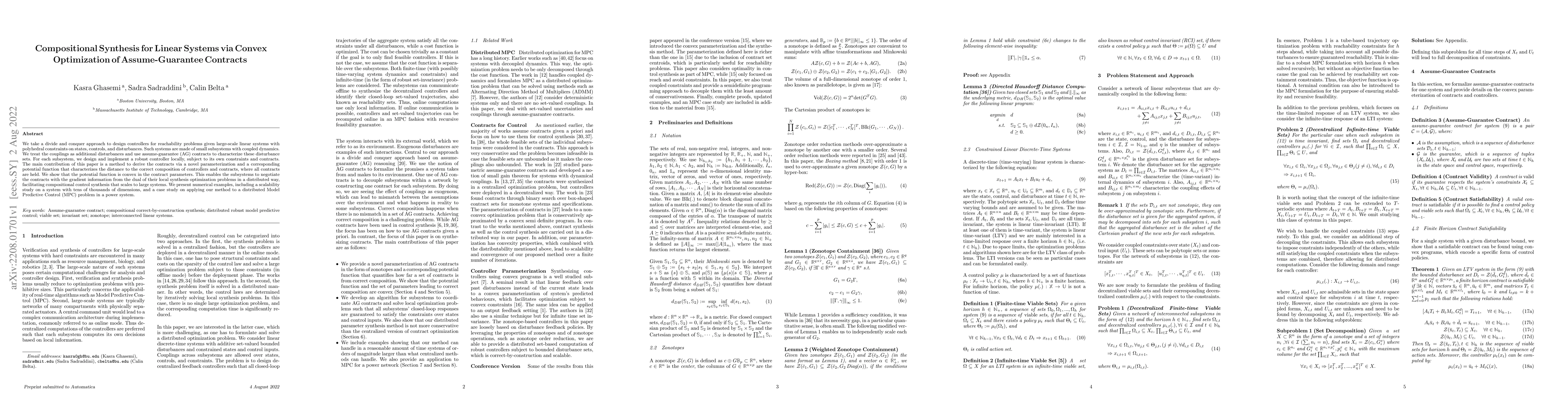 Thumbnail for Compositional Synthesis for Linear Systems via Convex Optimization of
  Assume-Guarantee Contracts