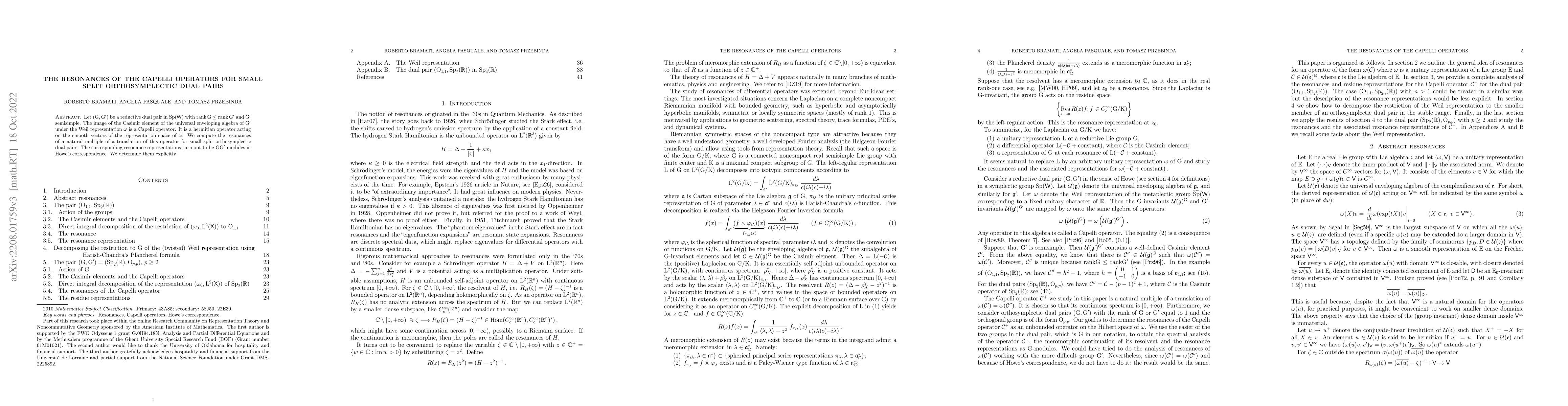 Thumbnail for The resonances of the Capelli operators for small split orthosymplectic
  dual pairs