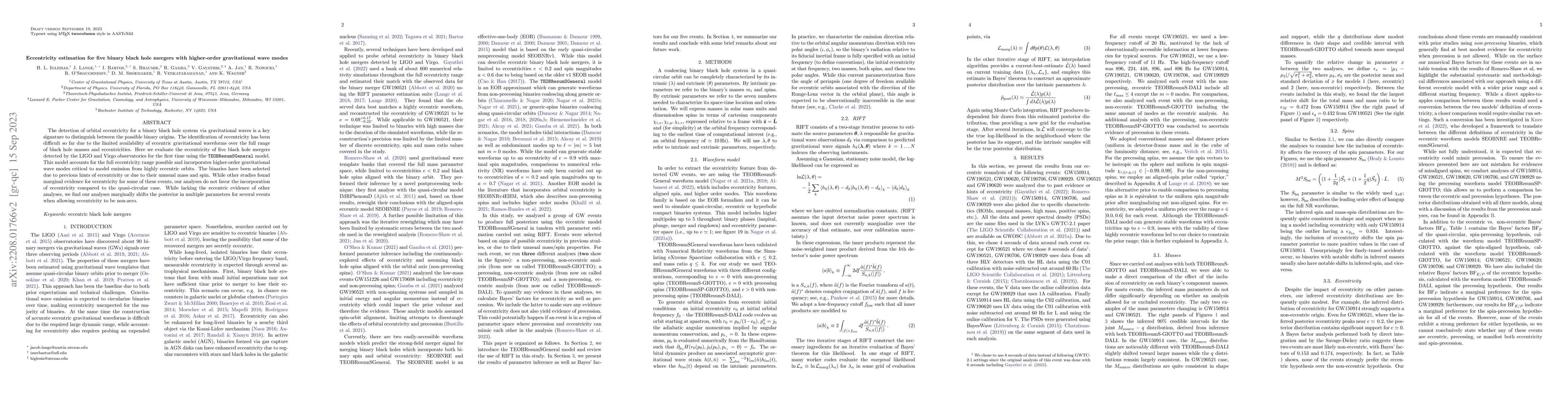 Thumbnail for Eccentricity estimation for five binary black hole mergers with
  higher-order gravitational wave modes