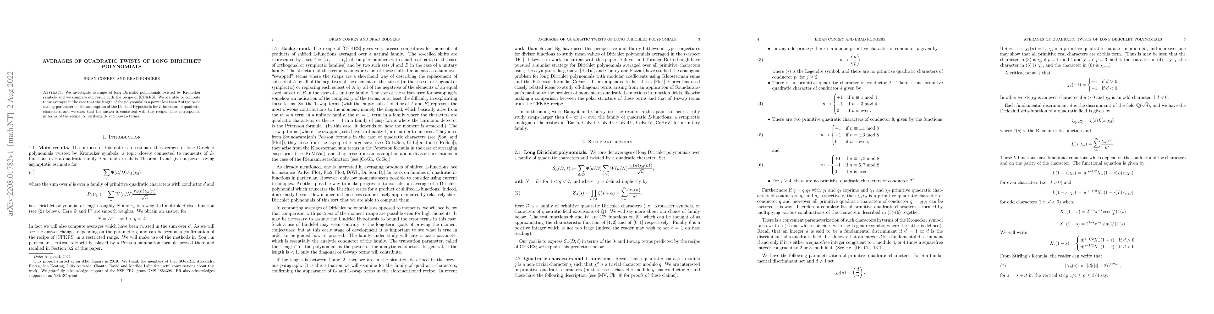 Thumbnail for Averages of quadratic twists of long Dirichlet polynomials