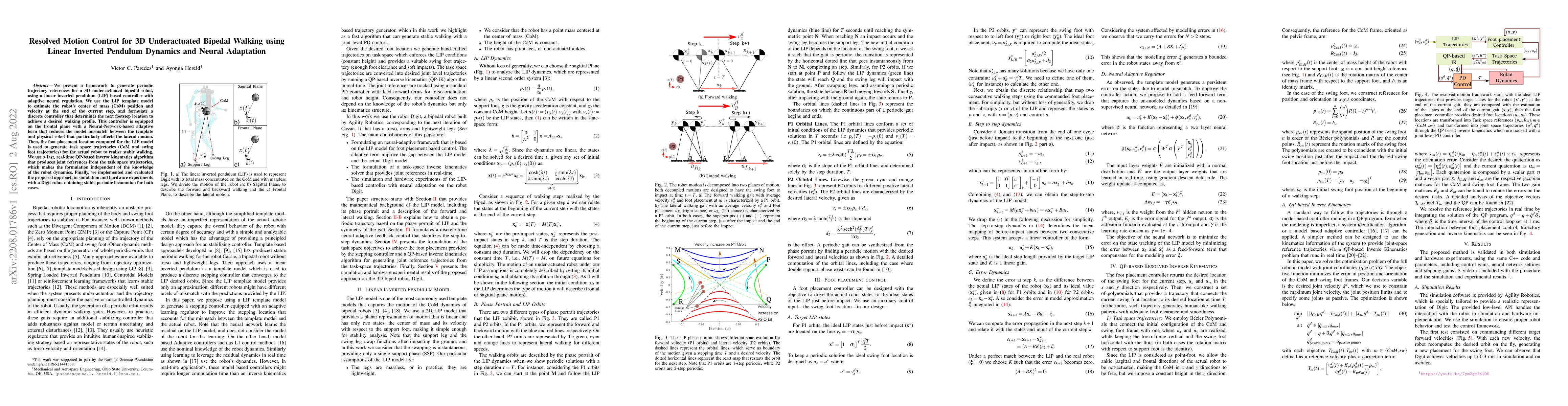 Thumbnail for Resolved Motion Control for 3D Underactuated Bipedal Walking using
  Linear Inverted Pendulum Dynamics and Neural Adaptation