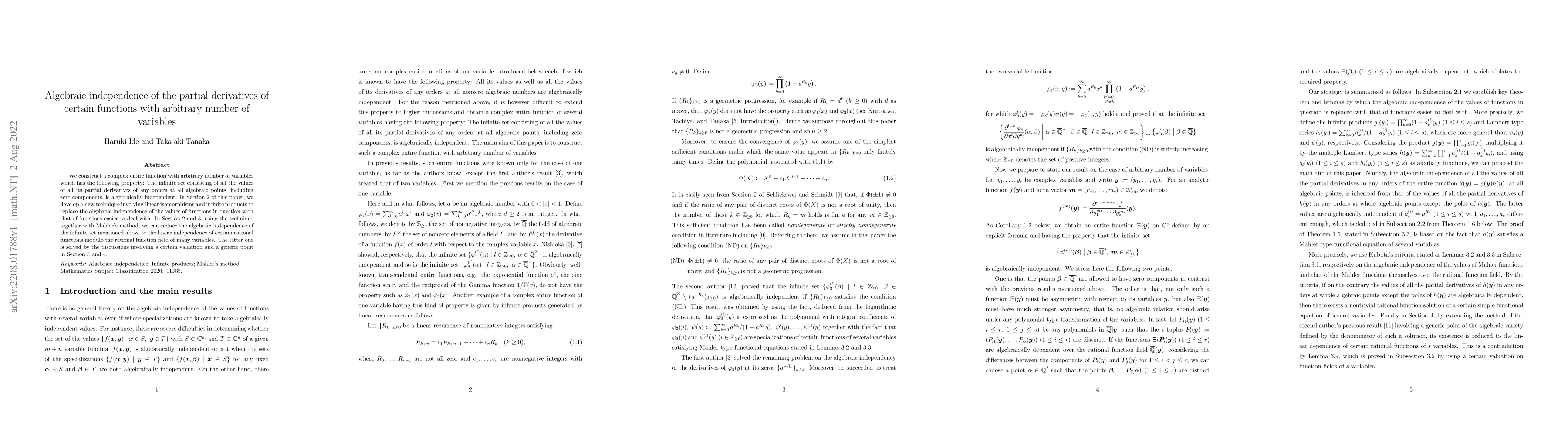 Thumbnail for Algebraic independence of the partial derivatives of certain functions
  with arbitrary number of variables