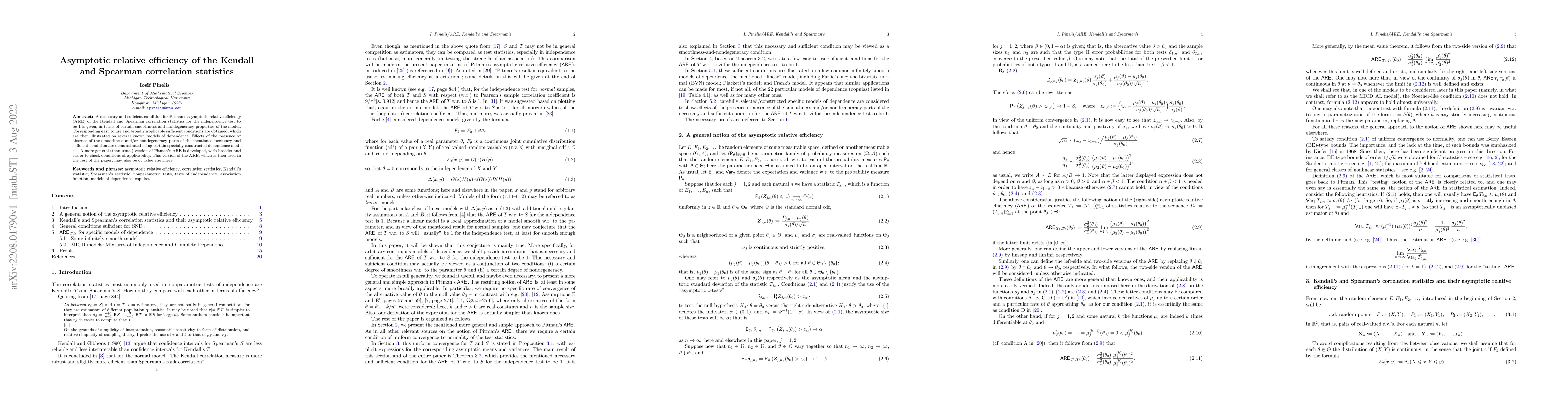 Thumbnail for Asymptotic relative efficiency of the Kendall and Spearman correlation
  statistics