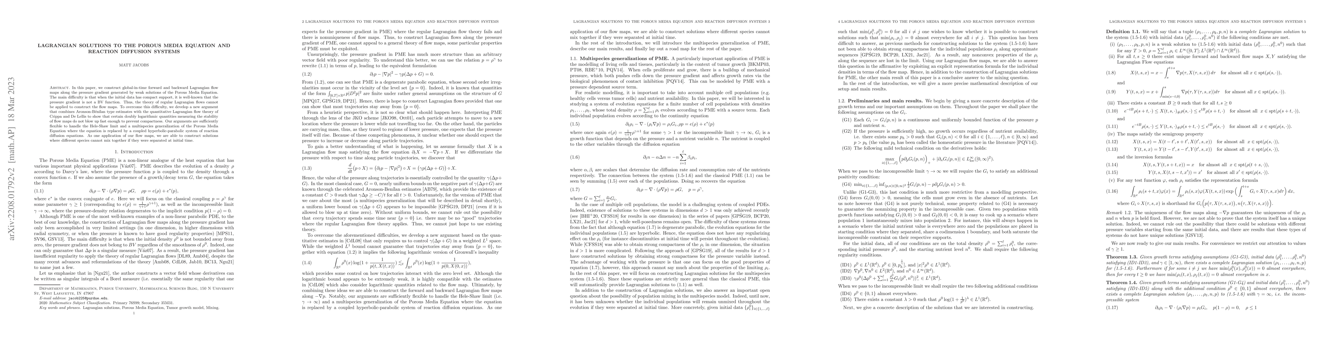 Thumbnail for Lagrangian solutions to the Porous Media Equation and Reaction Diffusion
  Systems