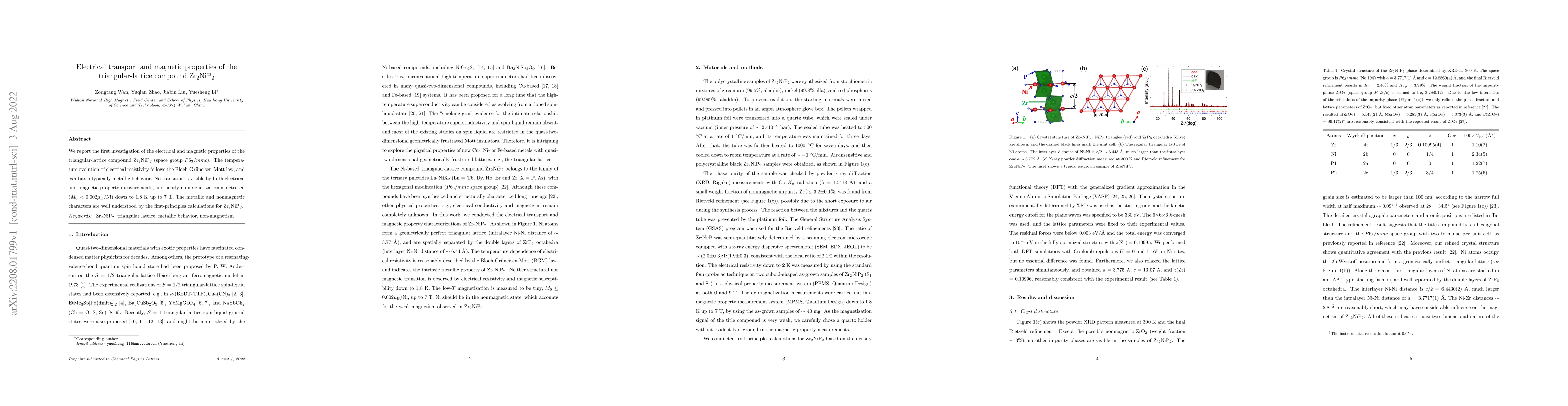 Thumbnail for Electrical transport and magnetic properties of the triangular-lattice
  compound Zr$_2$NiP$_2$