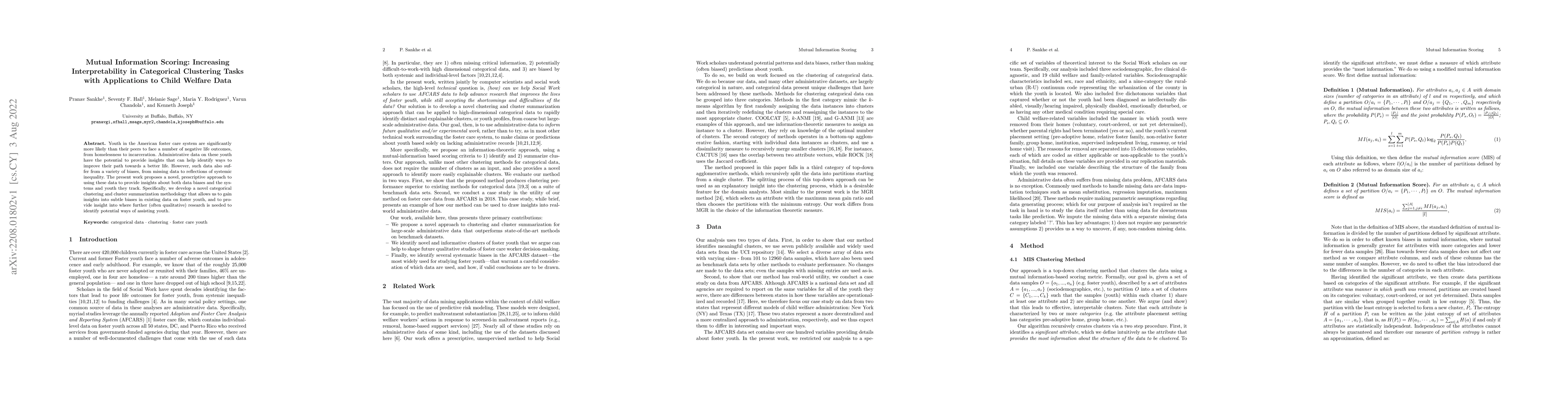 Thumbnail for Mutual Information Scoring: Increasing Interpretability in Categorical
  Clustering Tasks with Applications to Child Welfare Data