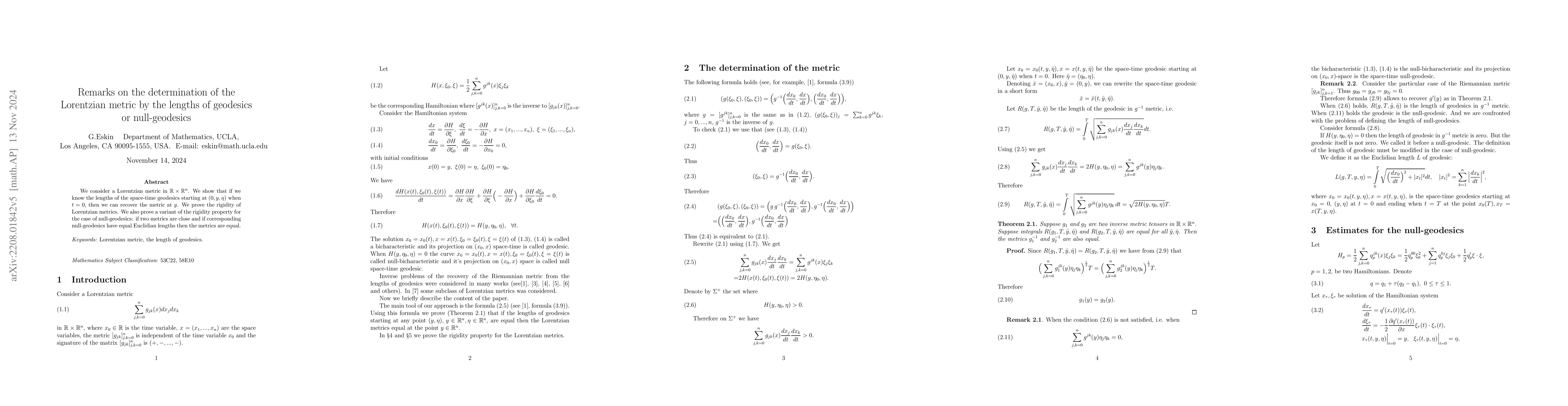 Thumbnail for Remarks on the determination of the Lorentzian metric by the length of
  geodesics