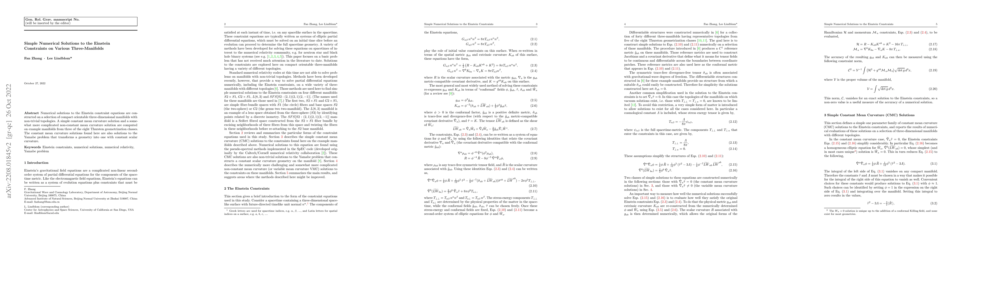 Thumbnail for Simple Numerical Solutions to the Einstein Constraints on Various
  Three-Manifolds