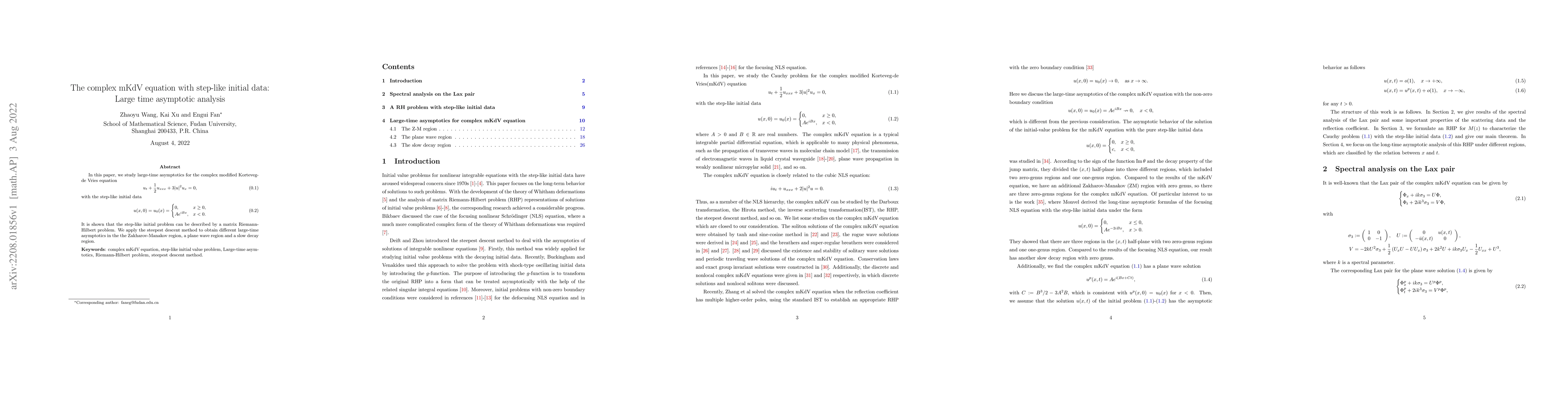 Thumbnail for The complex mKdV equation with step-like initial data: Large time
  asymptotic analysis