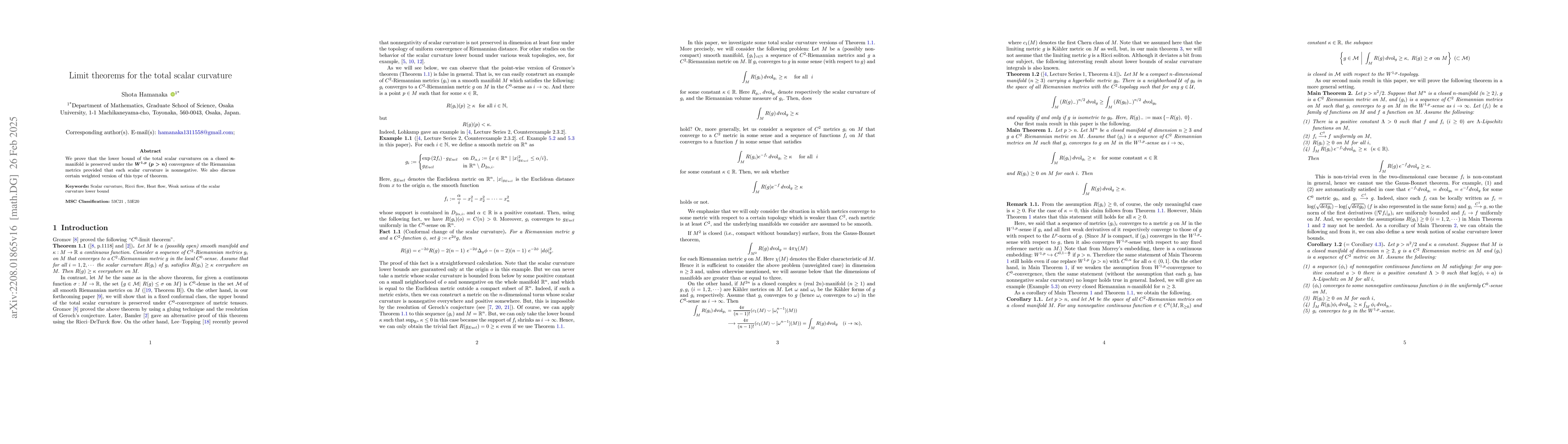 Thumbnail for Limit theorems for the total scalar curvature