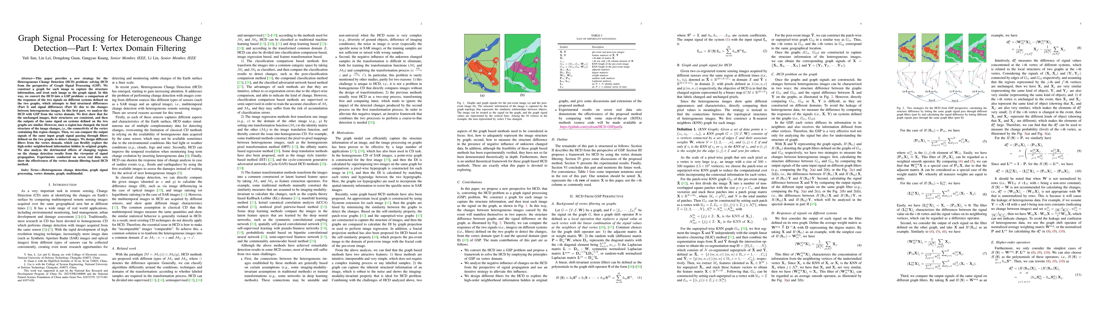 Thumbnail for Graph Signal Processing for Heterogeneous Change Detection Part I:
  Vertex Domain Filtering