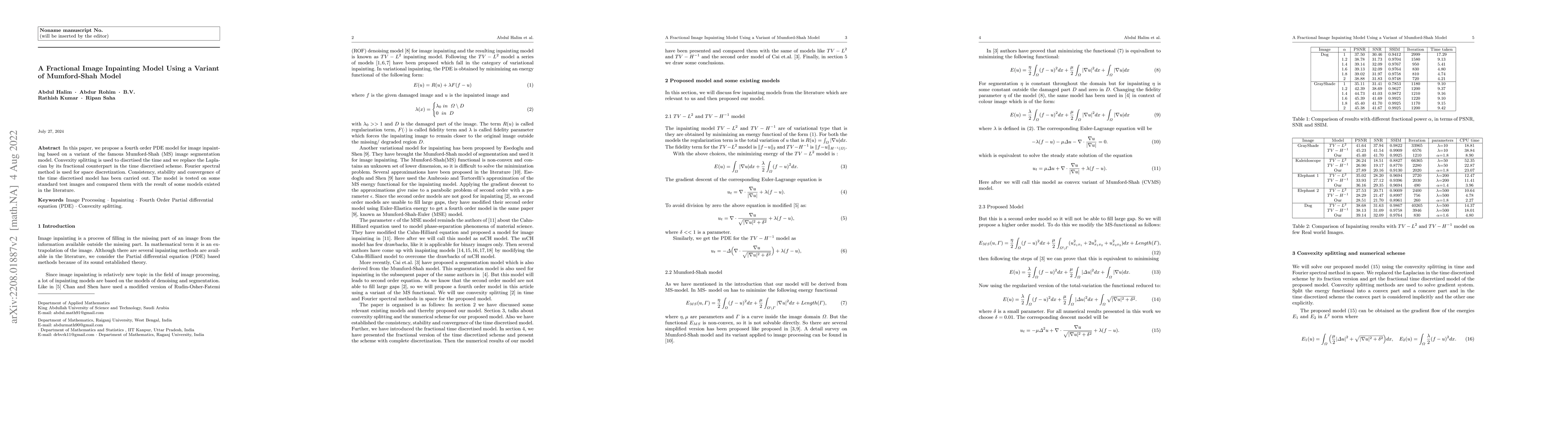 Thumbnail for A Fractional Image Inpainting Model Using a Variant of Mumford-Shah
  Model
