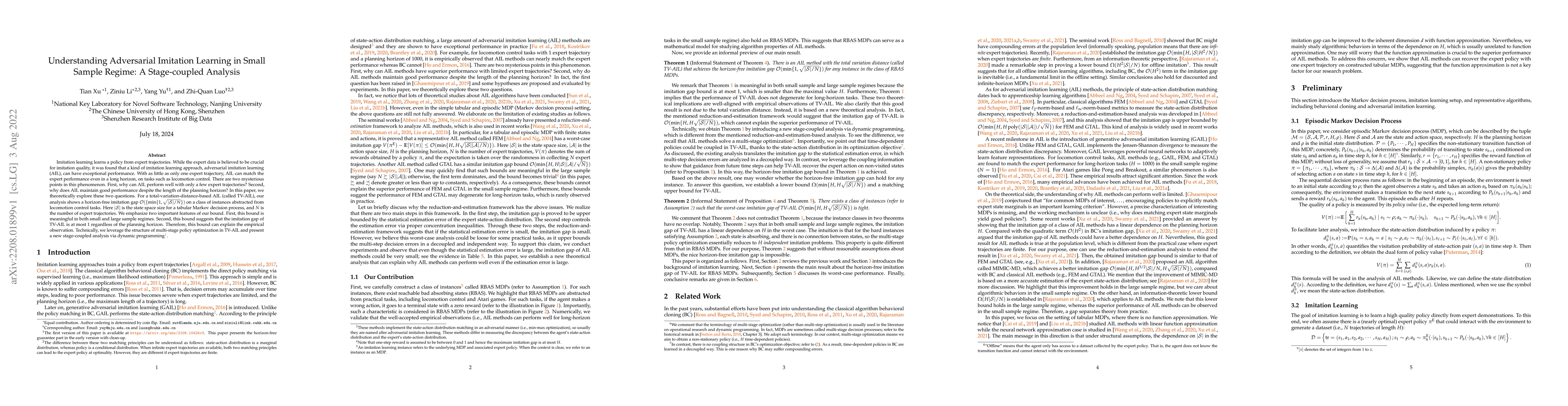 Thumbnail for Understanding Adversarial Imitation Learning in Small Sample Regime: A
  Stage-coupled Analysis