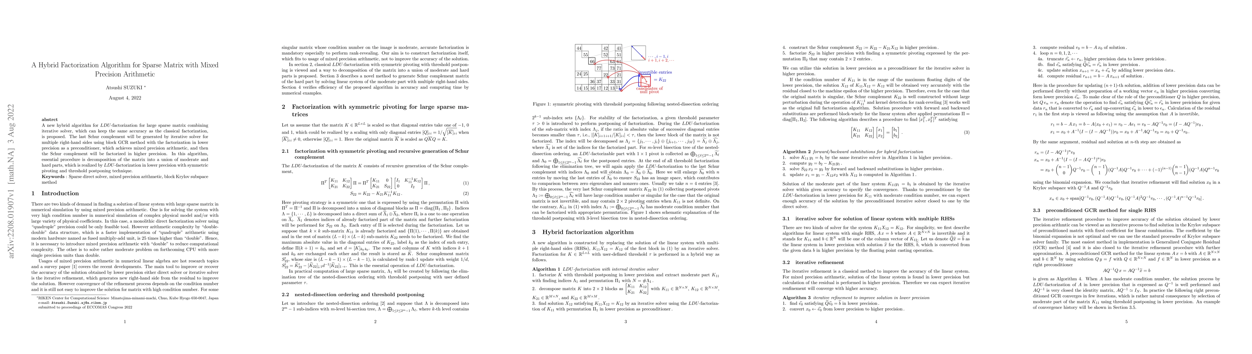 Thumbnail for A Hybrid Factorization Algorithm for Sparse Matrix with Mixed Precision
  Arithmetic