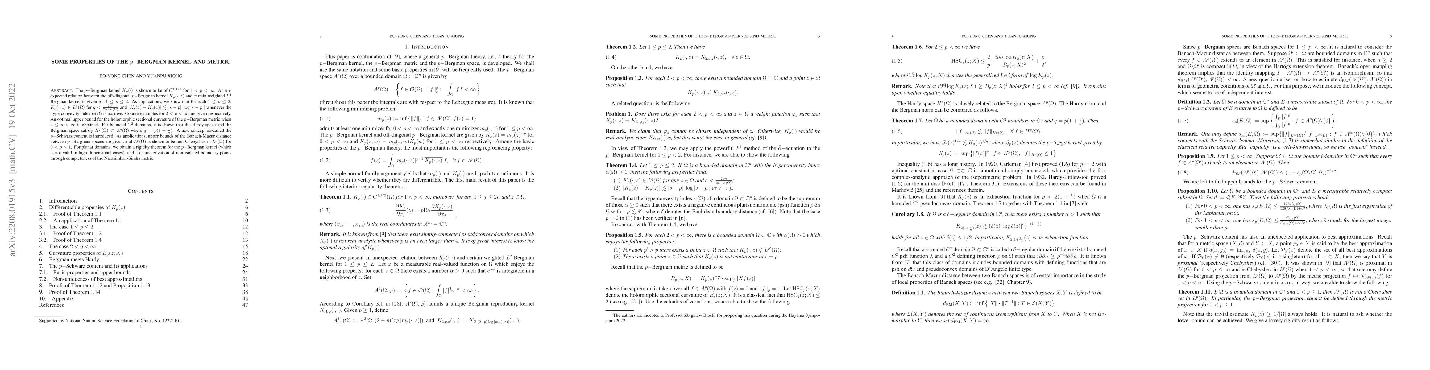 Thumbnail for Some properties of the $p-$Bergman kernel and metric