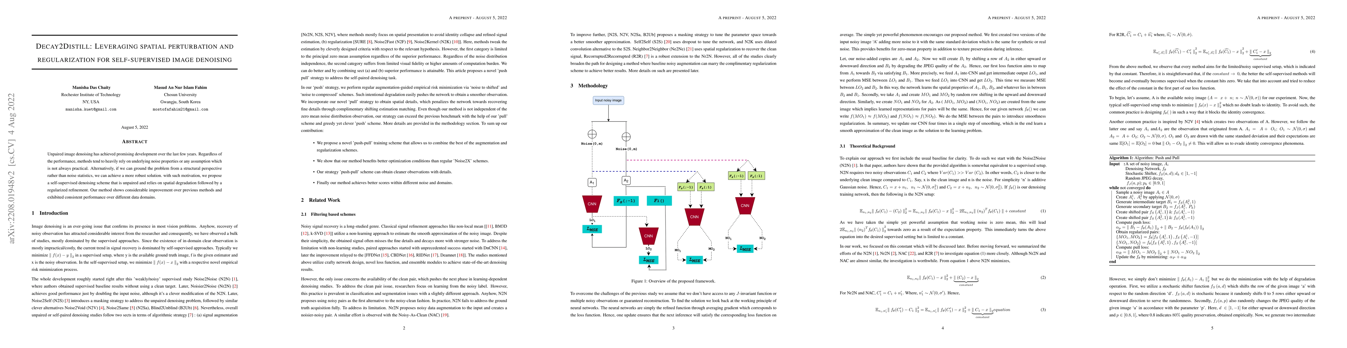 Thumbnail for Decay2Distill: Leveraging spatial perturbation and regularization for
  self-supervised image denoising
