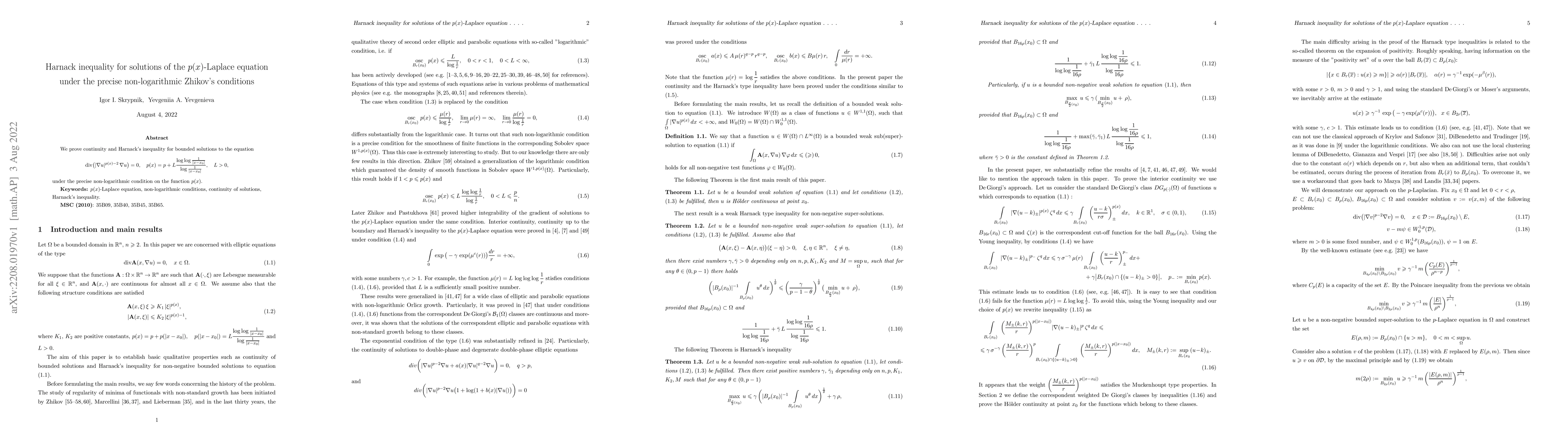 Thumbnail for Harnack inequality for solutions of the $p(x)$-Laplace equation under
  the precise non-logarithmic Zhikov's conditions