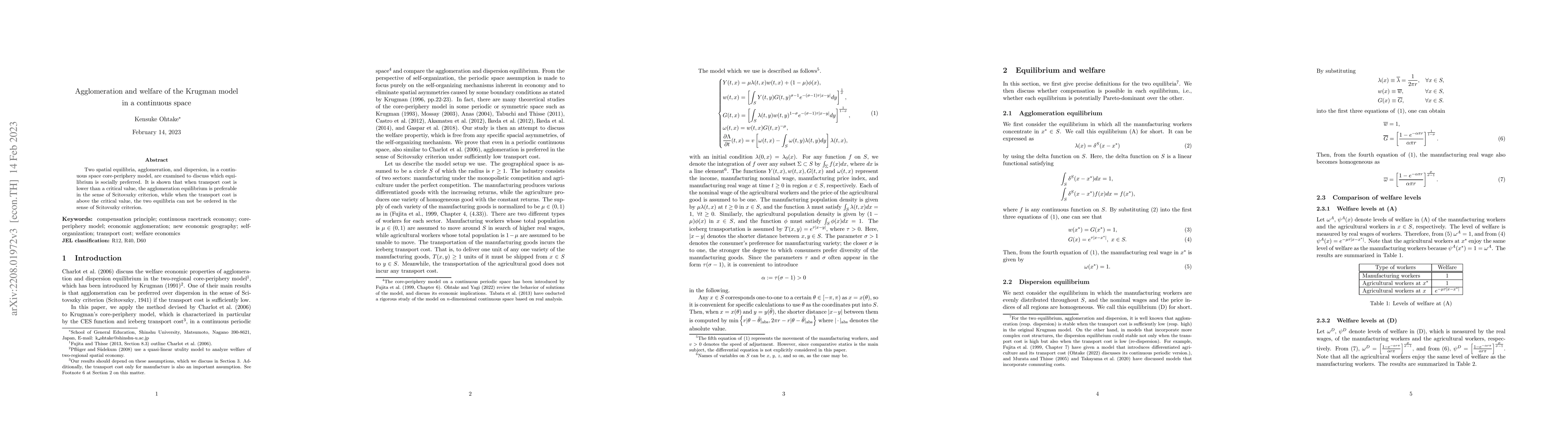 Thumbnail for Agglomeration and welfare of the Krugman model in a continuous space