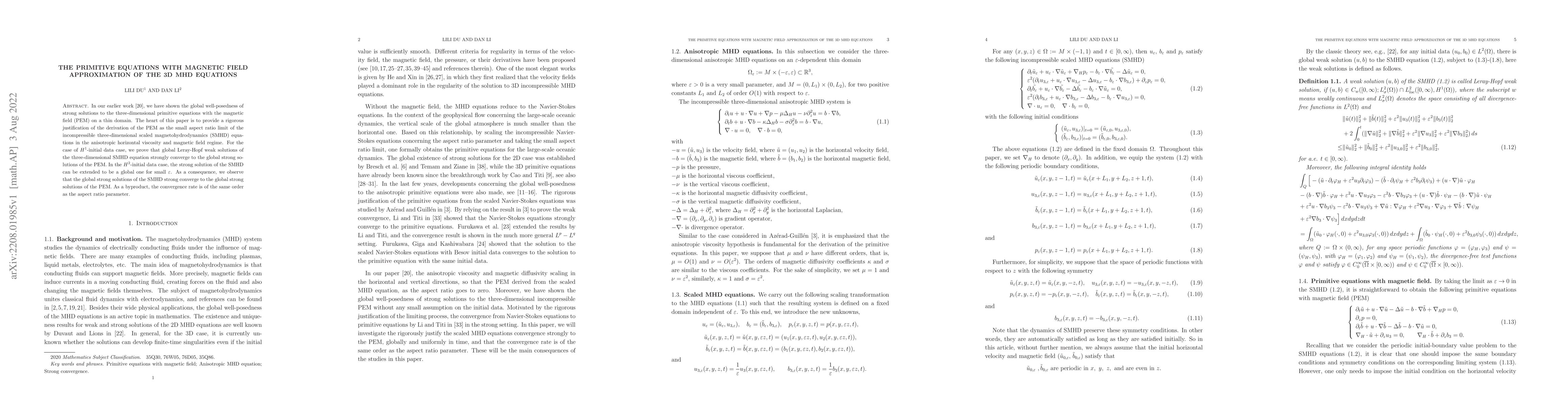 Thumbnail for The primitive equations with magnetic field approximation of the 3D MHD
  equations