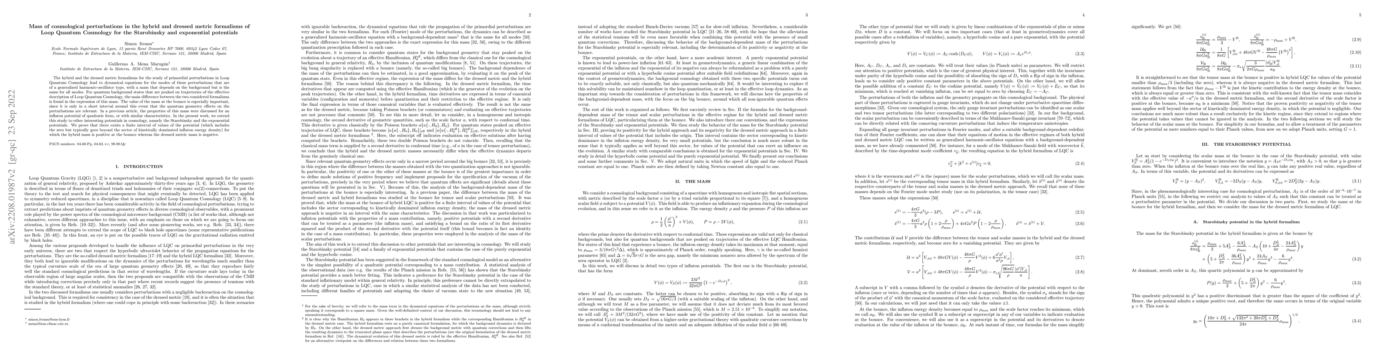 Thumbnail for Mass of cosmological perturbations in the hybrid and dressed metric
  formalisms of Loop Quantum Cosmology for the Starobinsky and exponential
  potentials