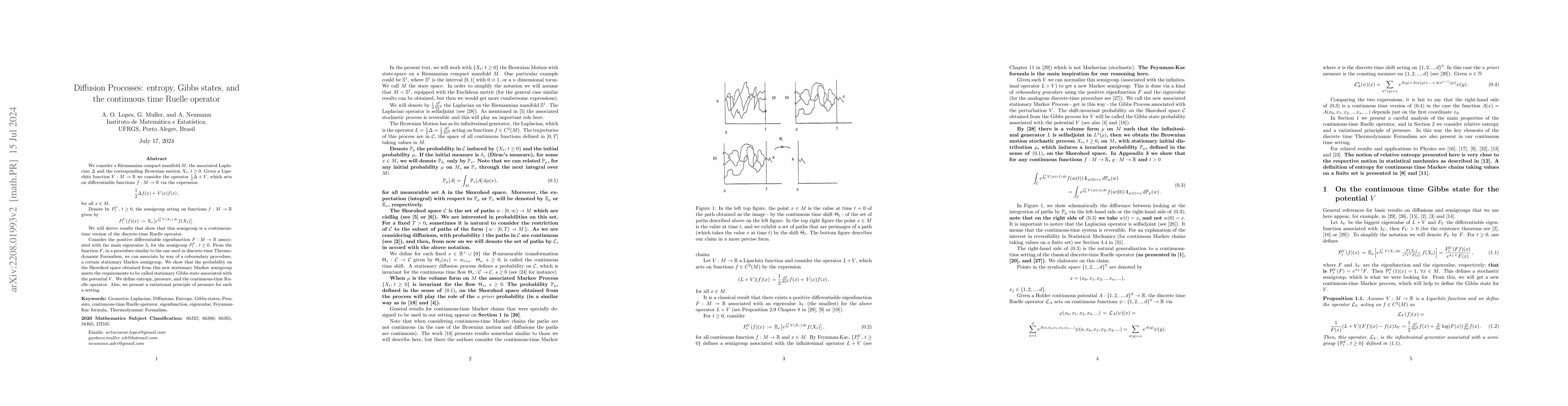 Thumbnail for Diffusion Processes: entropy, Gibbs states and the continuous time
  Ruelle operator
