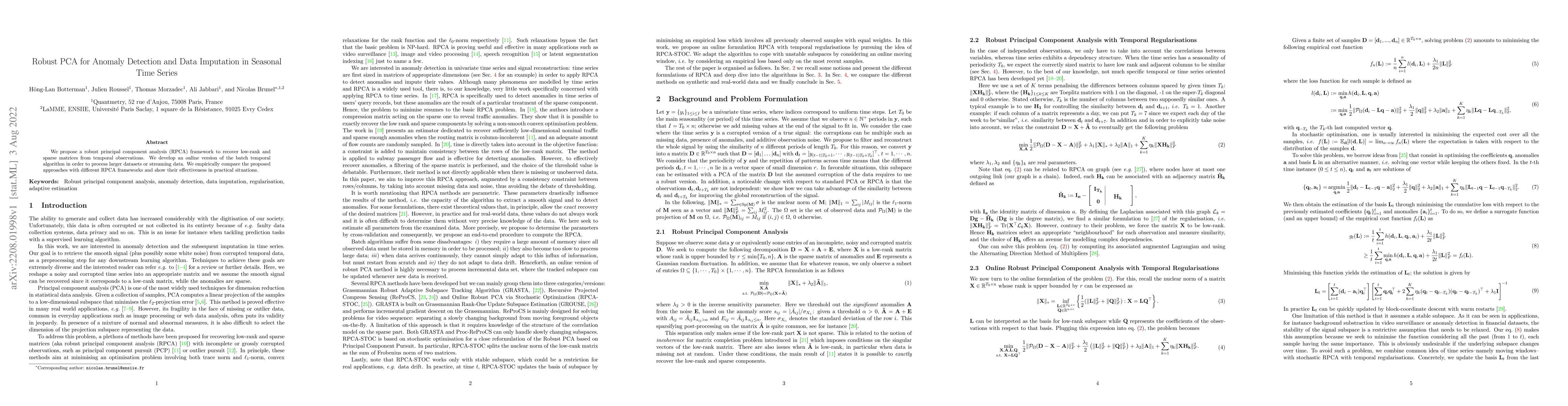 Thumbnail for Robust PCA for Anomaly Detection and Data Imputation in Seasonal Time
  Series