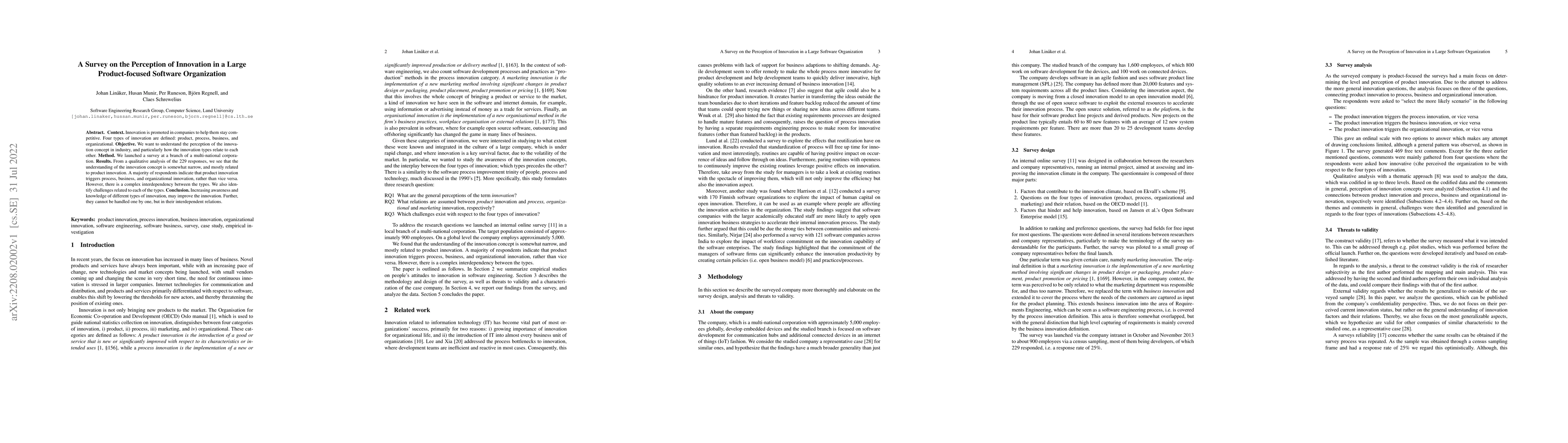 Thumbnail for A Survey on the Perception of Innovation in a Large Product-Focused
  Software Organization