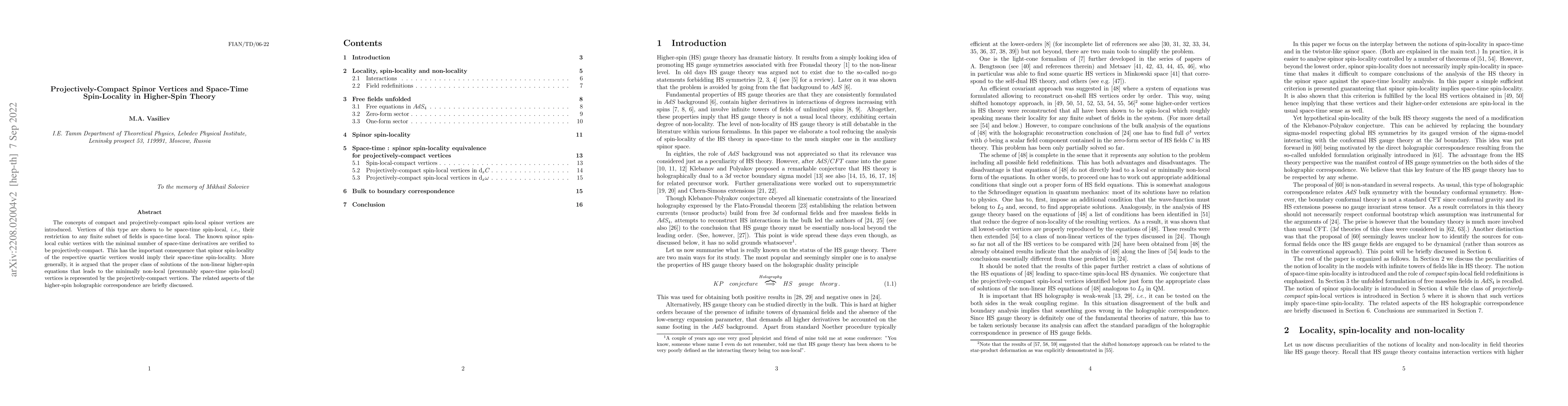 Thumbnail for Projectively-Compact Spinor Vertices and Space-Time Spin-Locality in
  Higher-Spin Theory