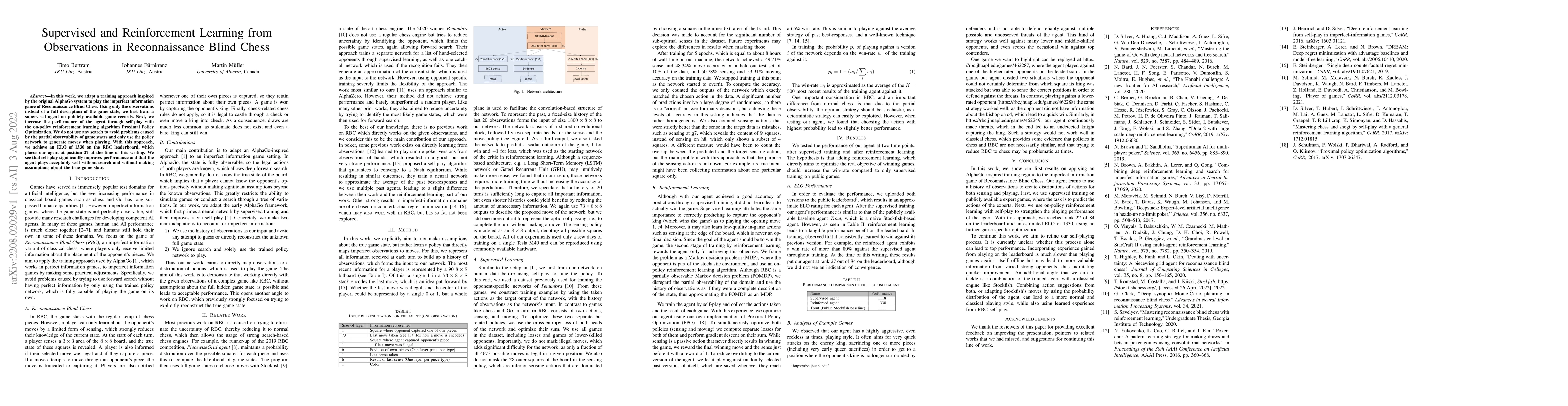 Thumbnail for Supervised and Reinforcement Learning from Observations in
  Reconnaissance Blind Chess