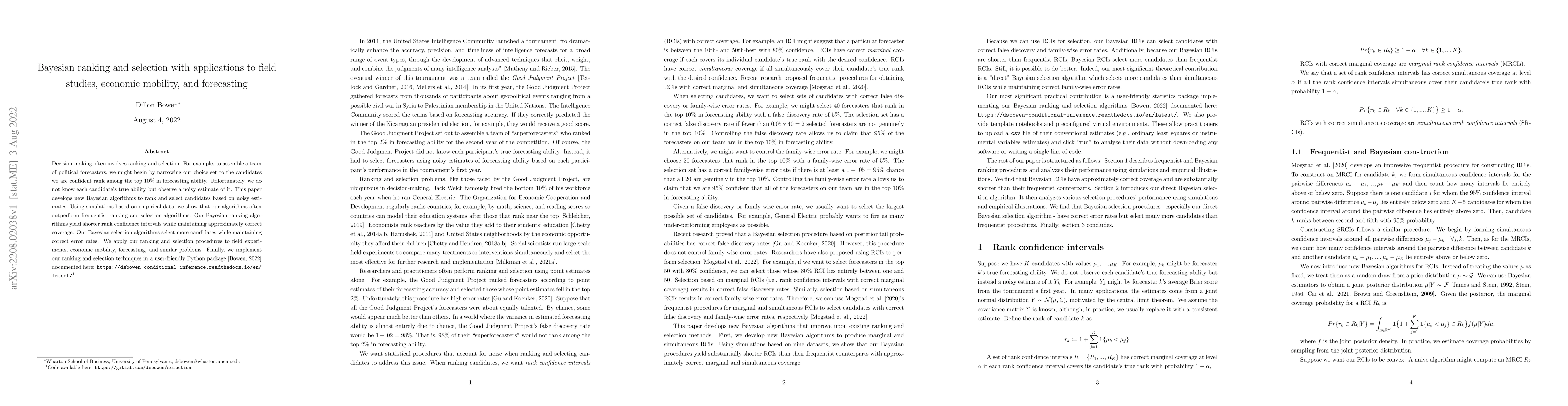 Thumbnail for Bayesian ranking and selection with applications to field studies,
  economic mobility, and forecasting