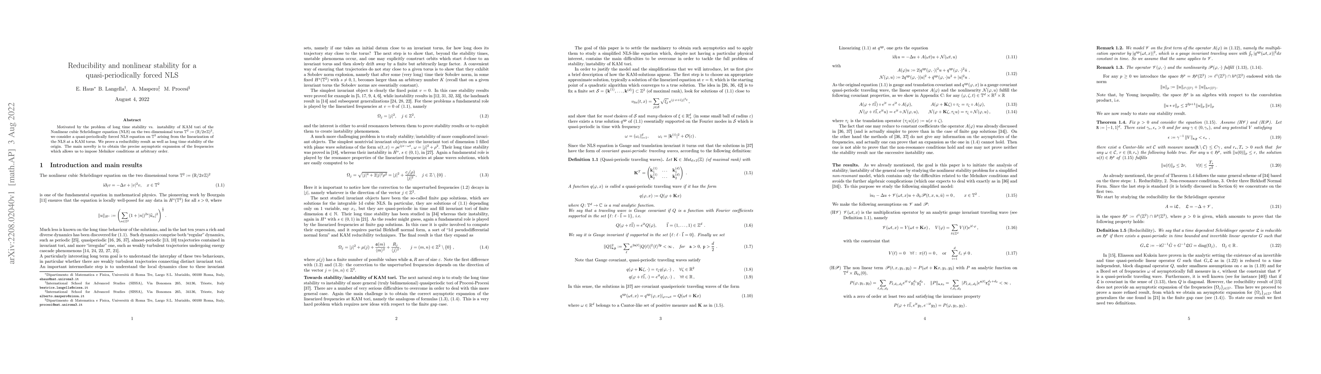 Thumbnail for Reducibility and nonlinear stability for a quasi-periodically forced NLS