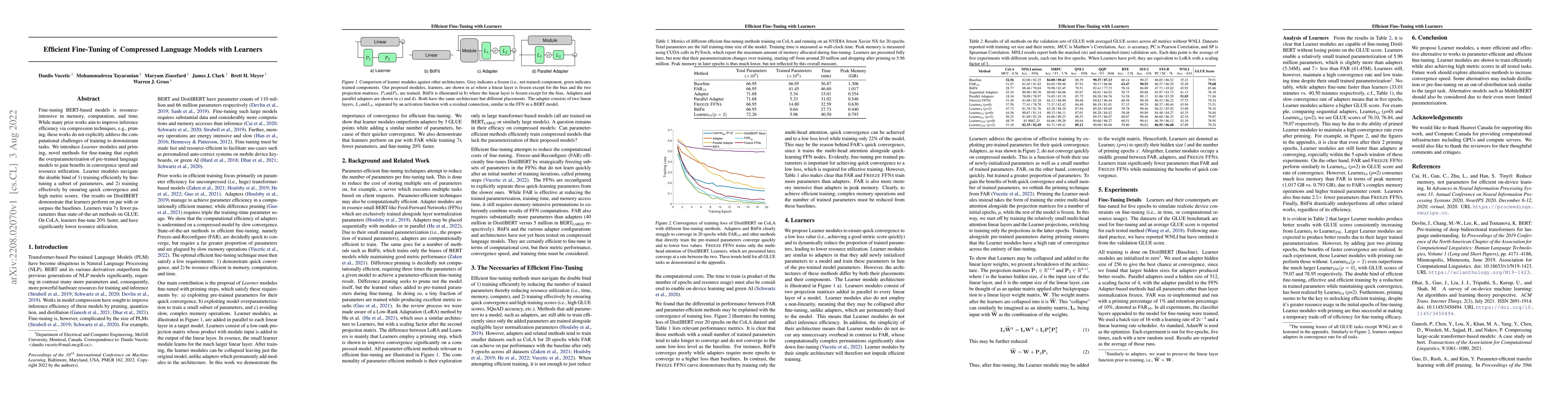 Thumbnail for Efficient Fine-Tuning of Compressed Language Models with Learners