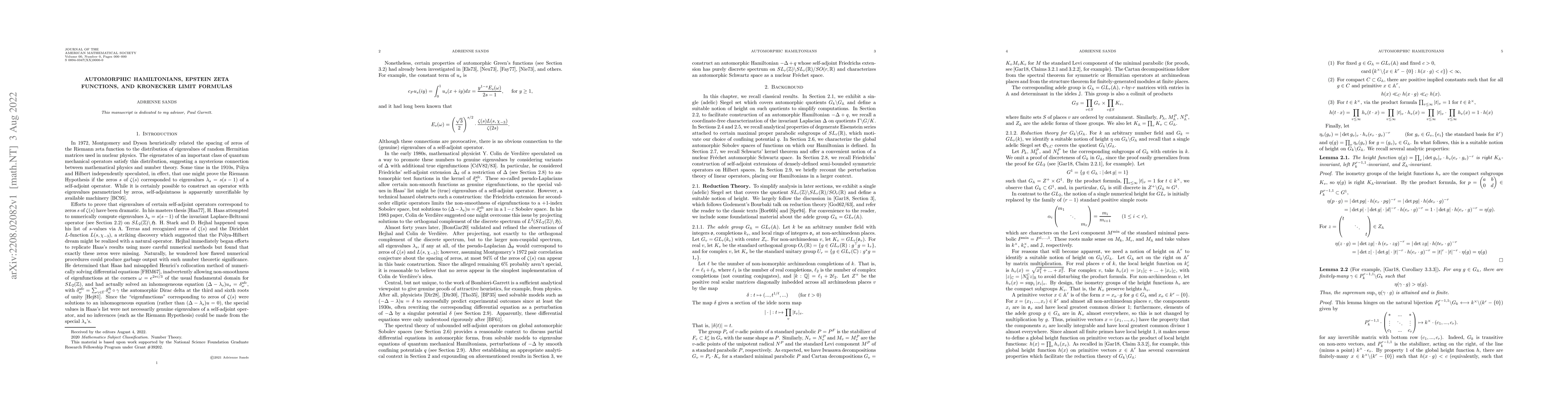 Thumbnail for Automorphic Hamiltonians, Epstein Zeta Functions, and Kronecker Limit
  Formulas