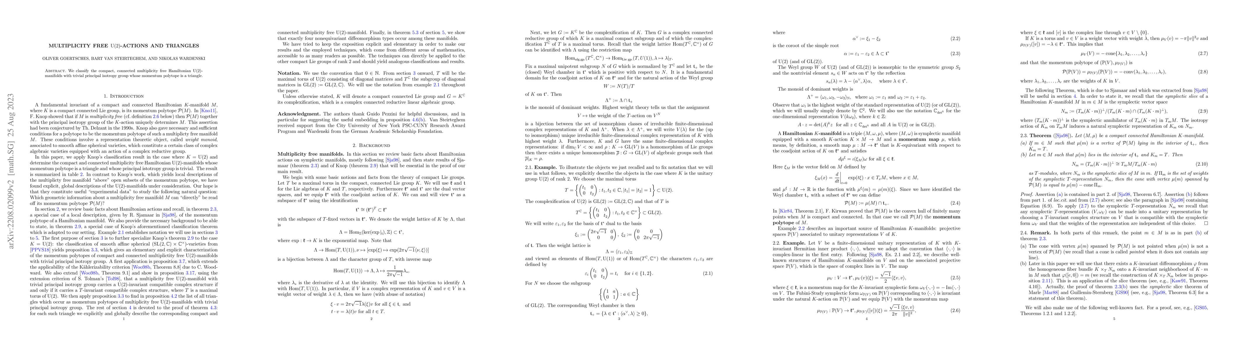 Thumbnail for Multiplicity free U(2)-actions and triangles