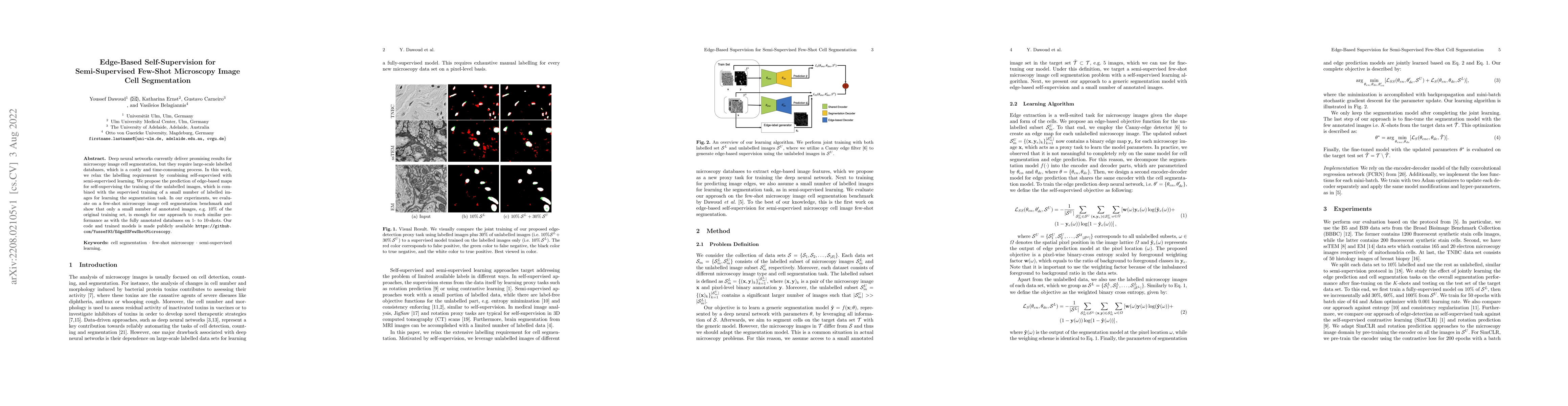 Thumbnail for Edge-Based Self-Supervision for Semi-Supervised Few-Shot Microscopy
  Image Cell Segmentation