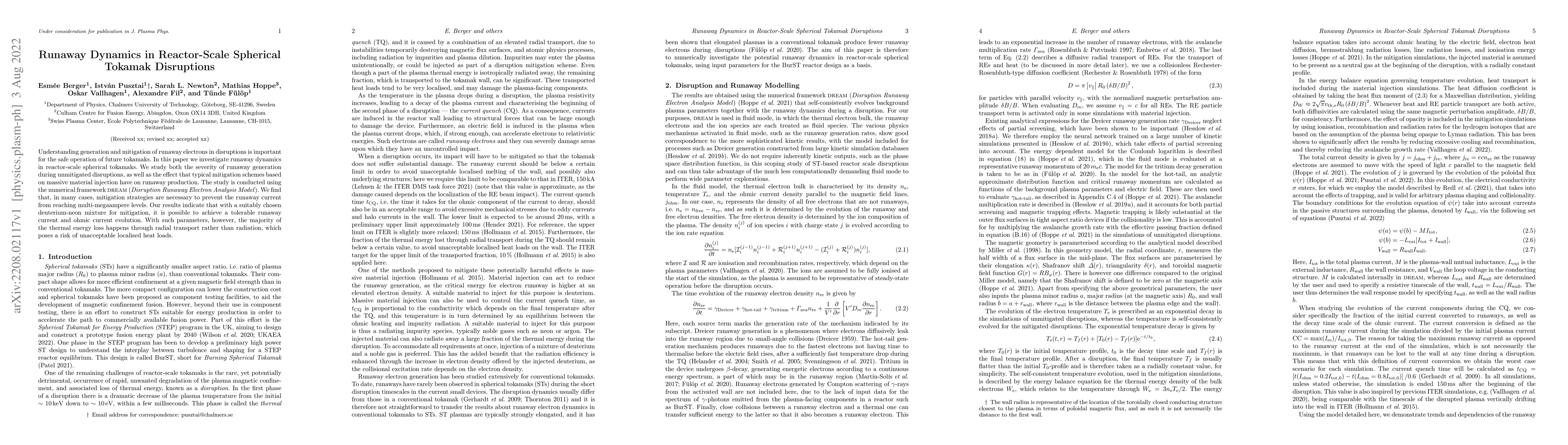 Thumbnail for Runaway dynamics in reactor-scale spherical tokamak disruptions