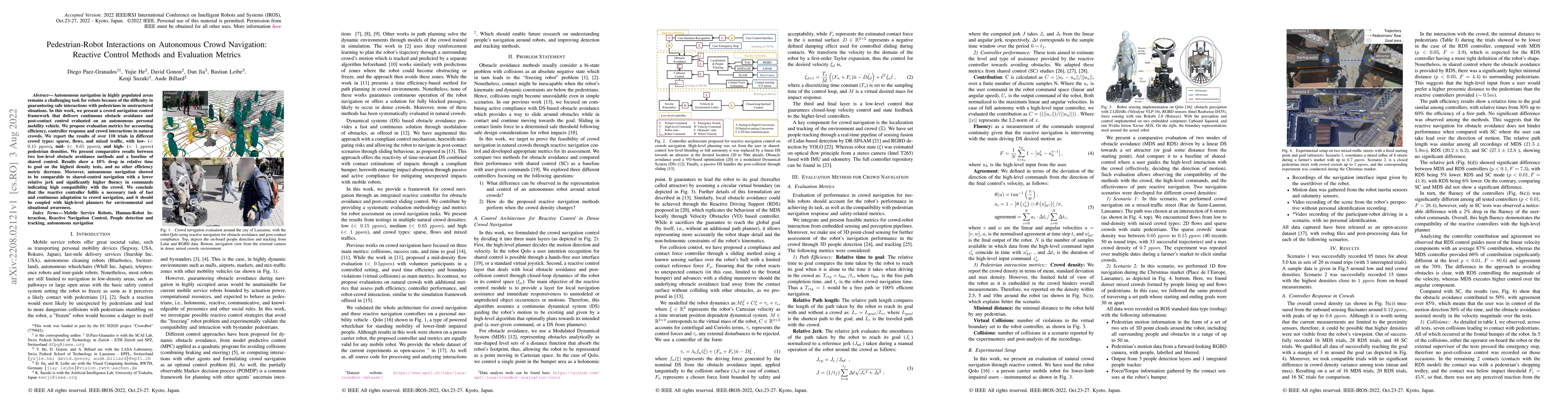 Thumbnail for Pedestrian-Robot Interactions on Autonomous Crowd Navigation: Reactive
  Control Methods and Evaluation Metrics
