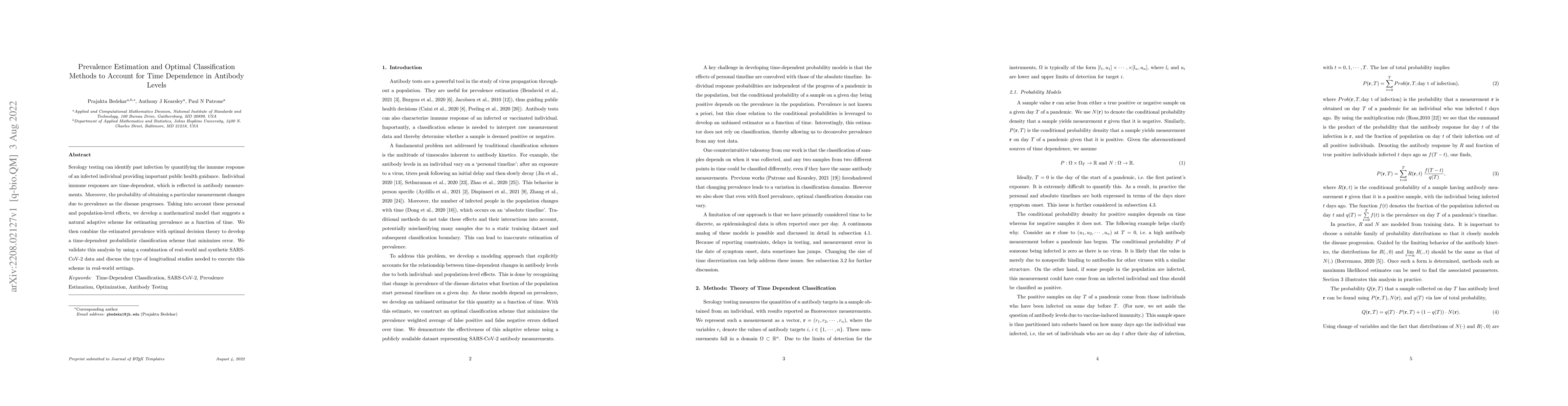 Thumbnail for Prevalence Estimation and Optimal Classification Methods to Account for
  Time Dependence in Antibody Levels